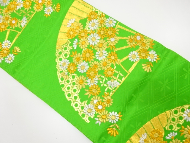 JAPANESE KIMONO / ANTIQUE FUKURO OBI / SILK / WOVEN FAN WITH KIKU